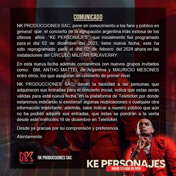 Ke Personaje reprograma concierto en