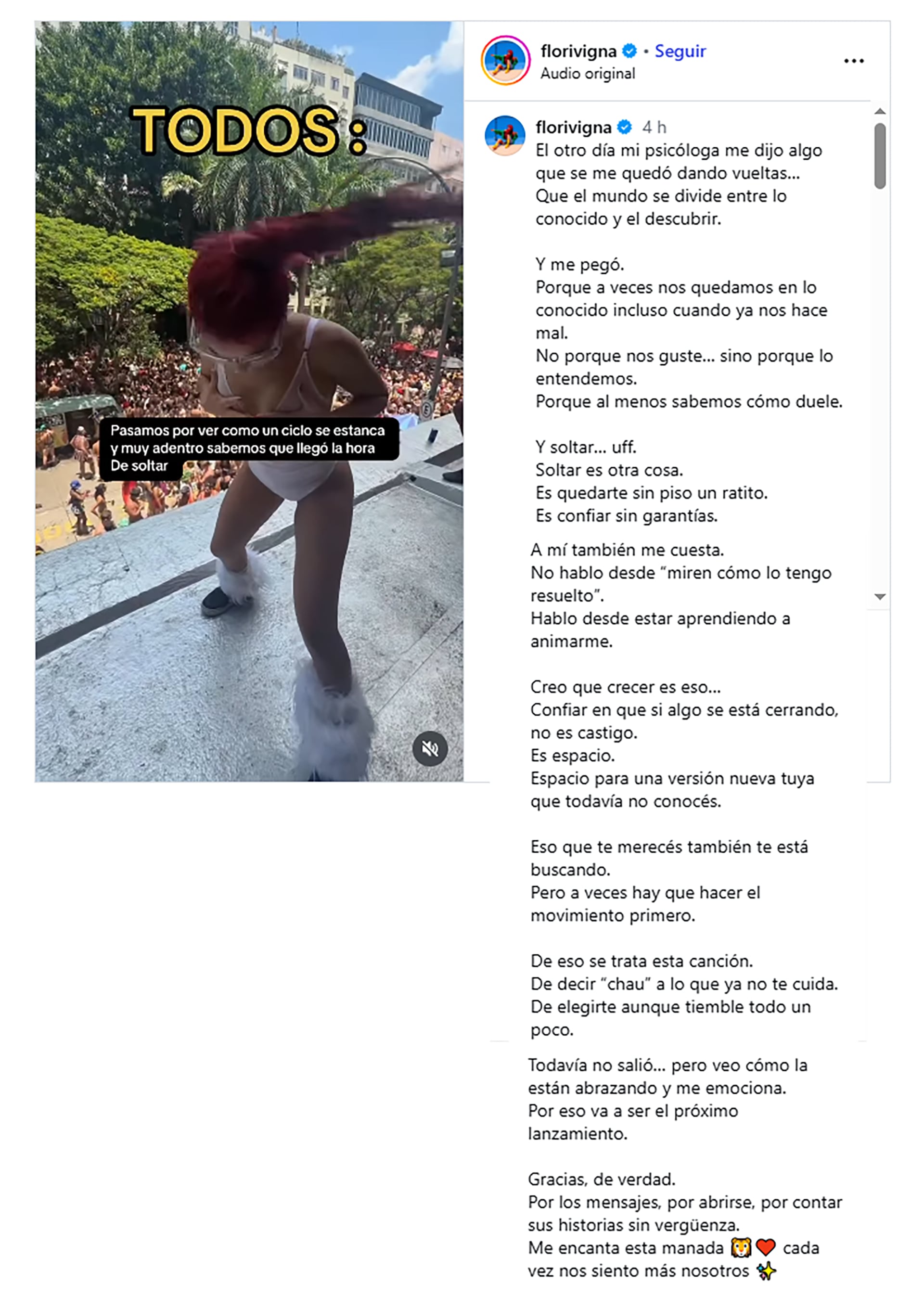 Flor Vigna compartió una profunda reflexión sobre el miedo a lo desconocido y el descubrimiento personal en redes sociales (Instagram: Flor Vigna)