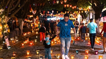 Un hombre y una niña con un peluche azul caminan entre farolitos encendidos en el suelo y colgados de los árboles en una calle de noche.