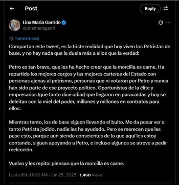 Lina María Garrido se fue en contra de los seguidores del Gobierno de Gustavo Petro - crédito@linamariagarri1