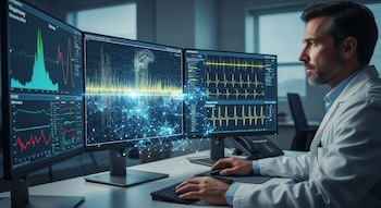 Un médico de bata blanca sentado frente a tres pantallas de ordenador, usa teclado y ratón; las pantallas muestran gráficos de ondas y patrones de datos digitales.
