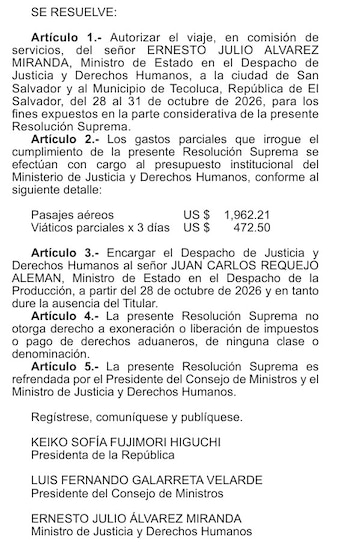 Documento con artículos que detallan la autorización de viaje a El Salvador y gastos, firmado por Keiko Fujimori, Luis Galarreta y Ernesto Álvarez