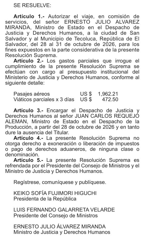 Un documento con formato de resolución suprema autoriza el viaje de un ministro a El Salvador en octubre de 2026 con la firma de Keiko Fujimori.