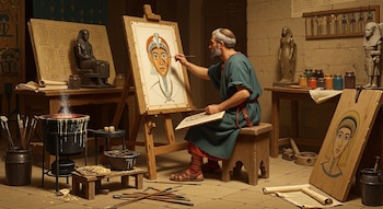 Un artista barbudo en ropa romana pinta un retrato en un caballete; el taller tiene estatuas egipcias, hornillo con cera caliente, pinceles y tablillas.