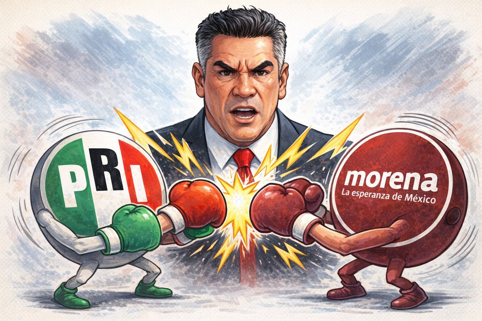 Una caricatura política muestra a Alejandro Moreno Cárdenas con expresión desafiante mientras los logos personificados del PRI y Morena se enfrentan en un ring de boxeo, simbolizando el conflicto poselectoral. (Imagen Ilustrativa Infobae)