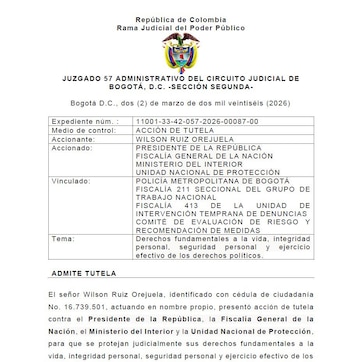 El Juzgado 57 Administrativo del Circuito Judicial de Bogotá admitió la acción de tutela presentada por Wilson Ruiz Orejuela - crédito @WilsonRuizO/X