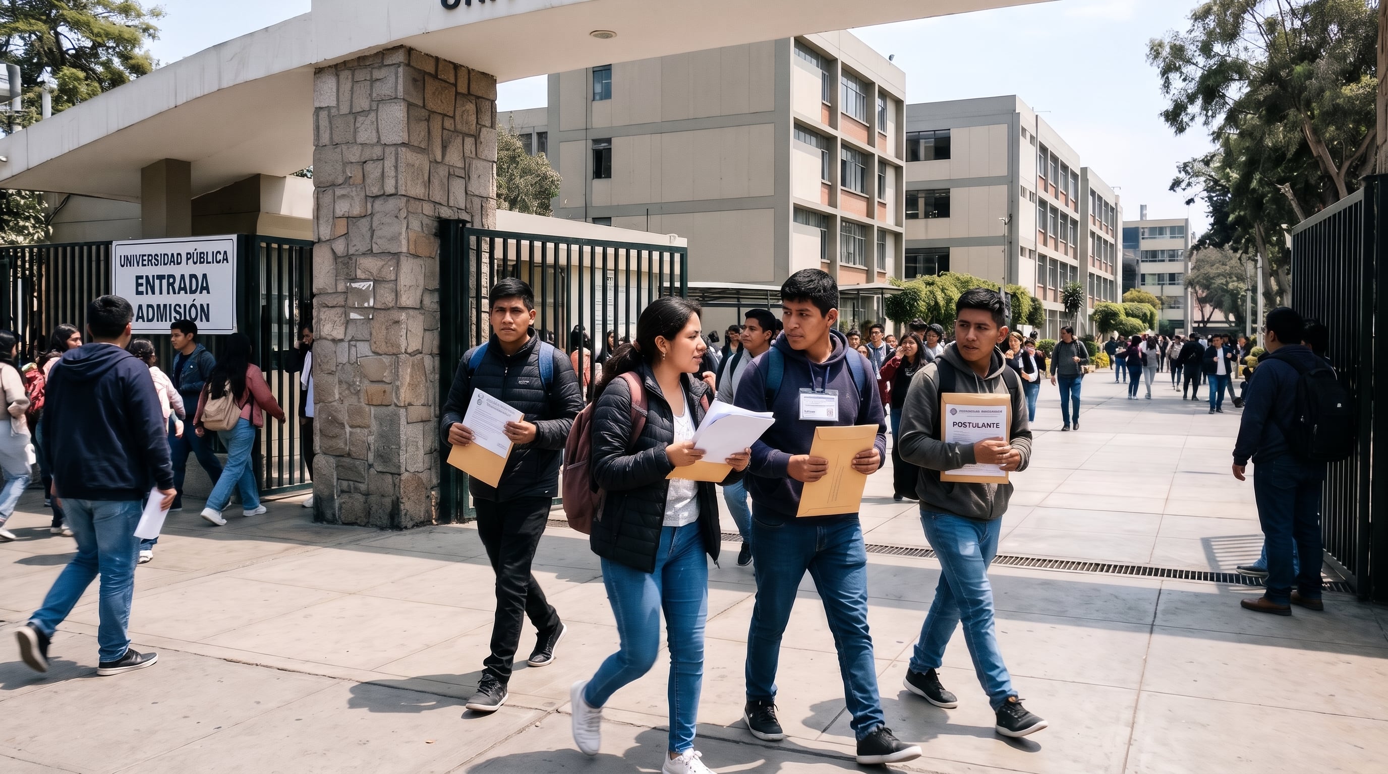 Varios jóvenes con documentos de postulación caminan por el acceso principal de una universidad pública durante una jornada de admisión. (Imagen Ilustrativa Infobae)