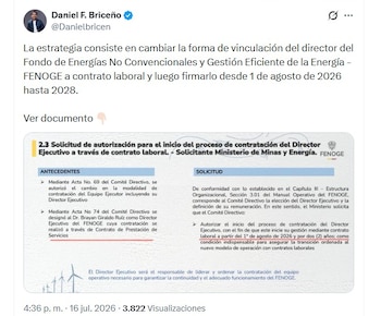 Daniel Briceño aseguró que la propuesta ya había avanzado dentro del comité directivo del Fenoge y señaló a funcionarios del Ministerio de Minas por haber respaldado el inicio del proceso - crédito @Danielbricen/X