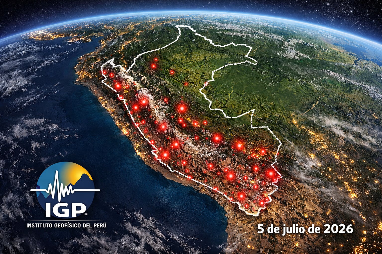 El mapa satelital de Perú detalla la distribución de sismos indicados con puntos rojos, según el Instituto Geofísico del Perú (IGP) el 5 de julio de 2026. (Imagen Ilustrativa Infobae)
