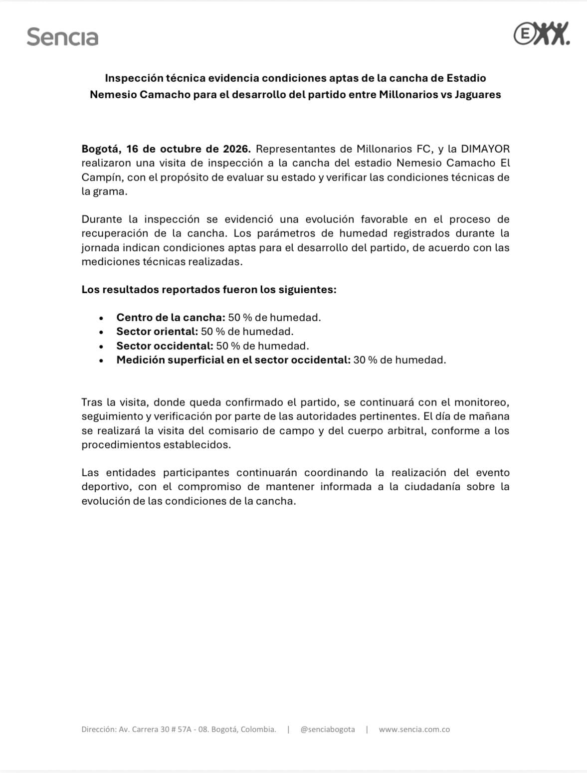Este fue el comunicado de Sencia sobre el estado de la gramilla de El Campín, luego de los últimos días de trabajo - crédito Sencia
