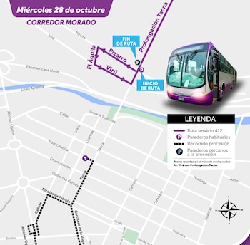 El Corredor Morado llegará temporalmente hasta el jirón Virú, en la avenida Prolongación Tacna, cuando la imagen del Cristo Moreno transite por la avenida Tacna. Desde ese punto, los buses retornarán hacia San Juan de Lurigancho - Créditos: ATU.