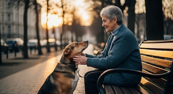 Una persona mayor sentada en un banco acaricia a un perro. Ambos se miran mutuamente. Hay árboles y edificios borrosos en el fondo con luz de atardecer.