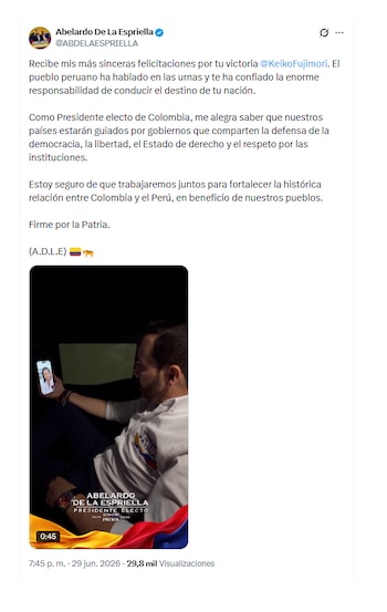 Abelardo de la Espriella saludó a Keiko Fujimori