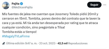 Jossmery Toledo cerró acuerdo en 15 mil soles, según usuario Pajita.