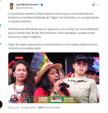 El exconcejal Juan Martín Bravo C. criticó a Aída Quilcué y advirtió supuesta mediocridad - crédito @juanmartinbc/X
