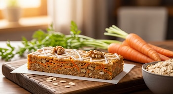 Un trozo de pastel o barra de zanahoria con glaseado blanco y nueces en una tabla de madera, junto a zanahorias frescas y un cuenco de avena.