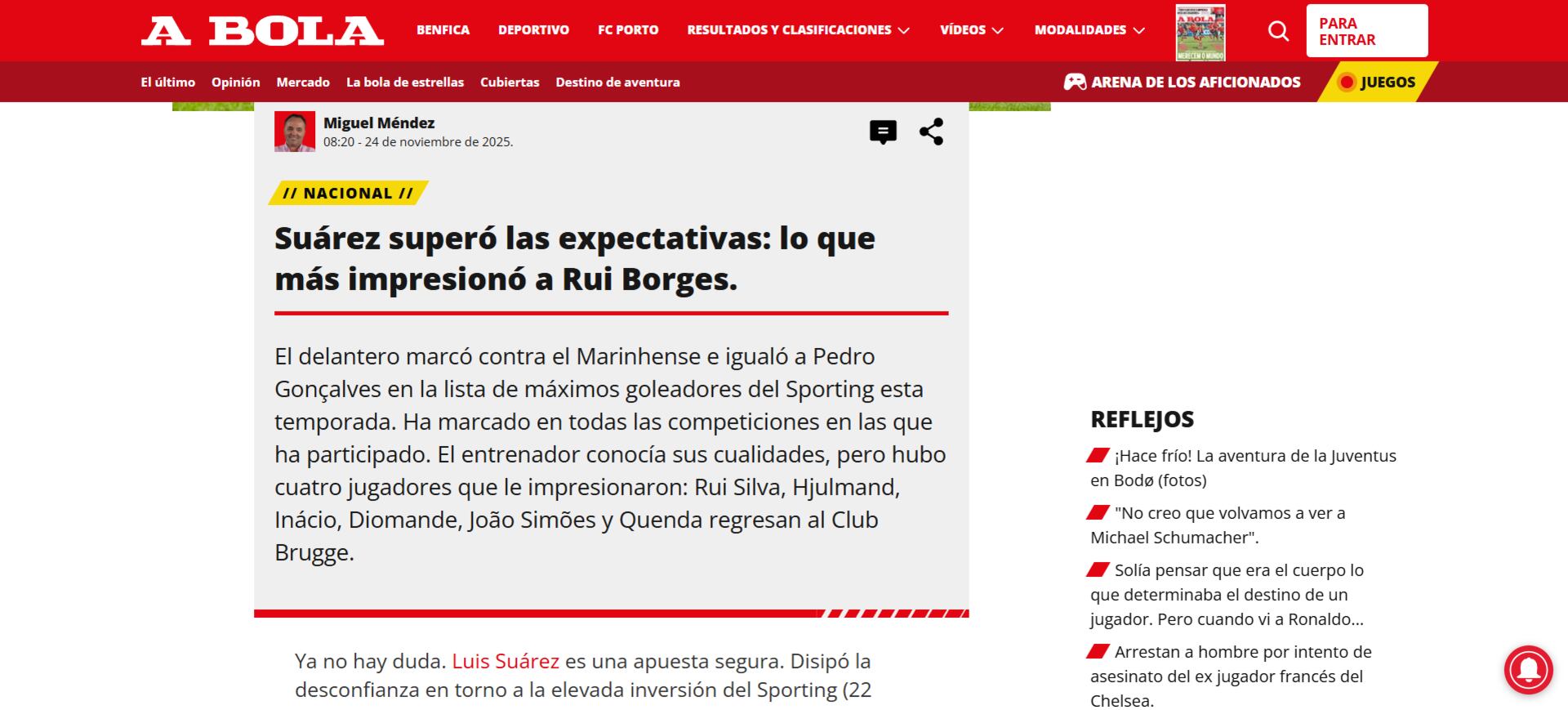 La prensa portuguesa se rindió ante el colombiano que lleva 9 goles durante la temporada - crédito A Bola