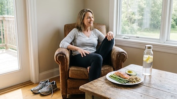 Mujer sentada en sillón de cuero, zapatillas en el suelo, plato con salmón, espárragos, grano y aguacate en mesa de madera, botella de agua con limón, ventana.