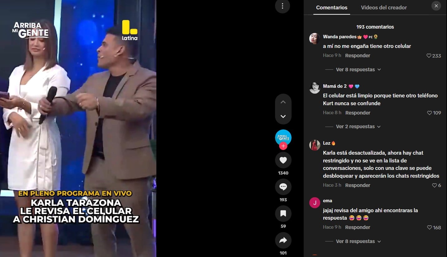 La inesperada reacción de Christian Domínguez cuando Karla Tarazona revisó su celular frente a cámaras. Captura: Arriba Mi Gente.