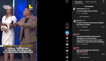 La inesperada reacción de Christian Domínguez cuando Karla Tarazona revisó su celular frente a cámaras. Captura: Arriba Mi Gente.