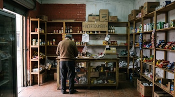 Un hombre de espaldas detrás del mostrador de un pequeño comercio con estantes de madera, cajas y alimentos.