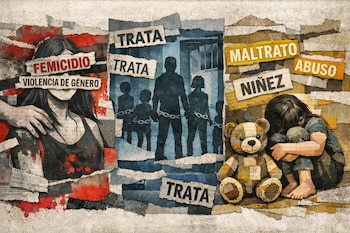 Ilustración tipo collage muestra tres viñetas: mujer con recortes 'Femicidio', siluetas encadenadas 'Trata', y niño acurrucado con osito 'Maltrato'.