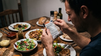 Un hombre sentado a una mesa servida con platos de comida sostiene un envase con una etiqueta de información nutricional.