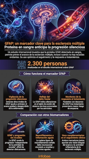 Infografía de neuronas, cerebro, médula espinal y vasos sanguíneos. Muestra texto sobre GFAP, 2.300 personas, funciones del marcador y comparaciones.