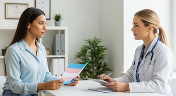 Una mujer trans con pelo oscuro y camisa celeste dialoga con una doctora rubia de guardapolvo blanco. La paciente sostiene un folleto trans y la doctora escribe en una tablet.