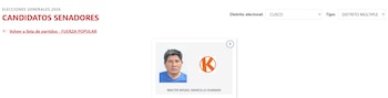 Captura de pantalla de una plataforma electoral con la foto de Walter Misael Mancilla Huaman, candidato a senador por Cusco, y el logo de Fuerza Popular