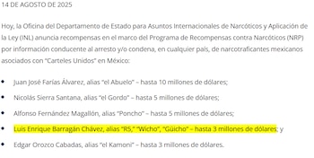 Las recompensas que ofrece EEUU por los líderes de Cárteles Unidos. Crédito: Departamento de Estado de EEUU