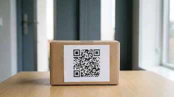Un paquete de cartón marrón con una etiqueta de código QR blanco y negro en primer plano, sobre una mesa de madera clara. Al fondo, una puerta gris desenfocada.