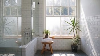 Cuarto de baño con azulejos blancos, bañera con mampara de cristal, ventana grande, taburete de madera con toallas y plantas en macetas.