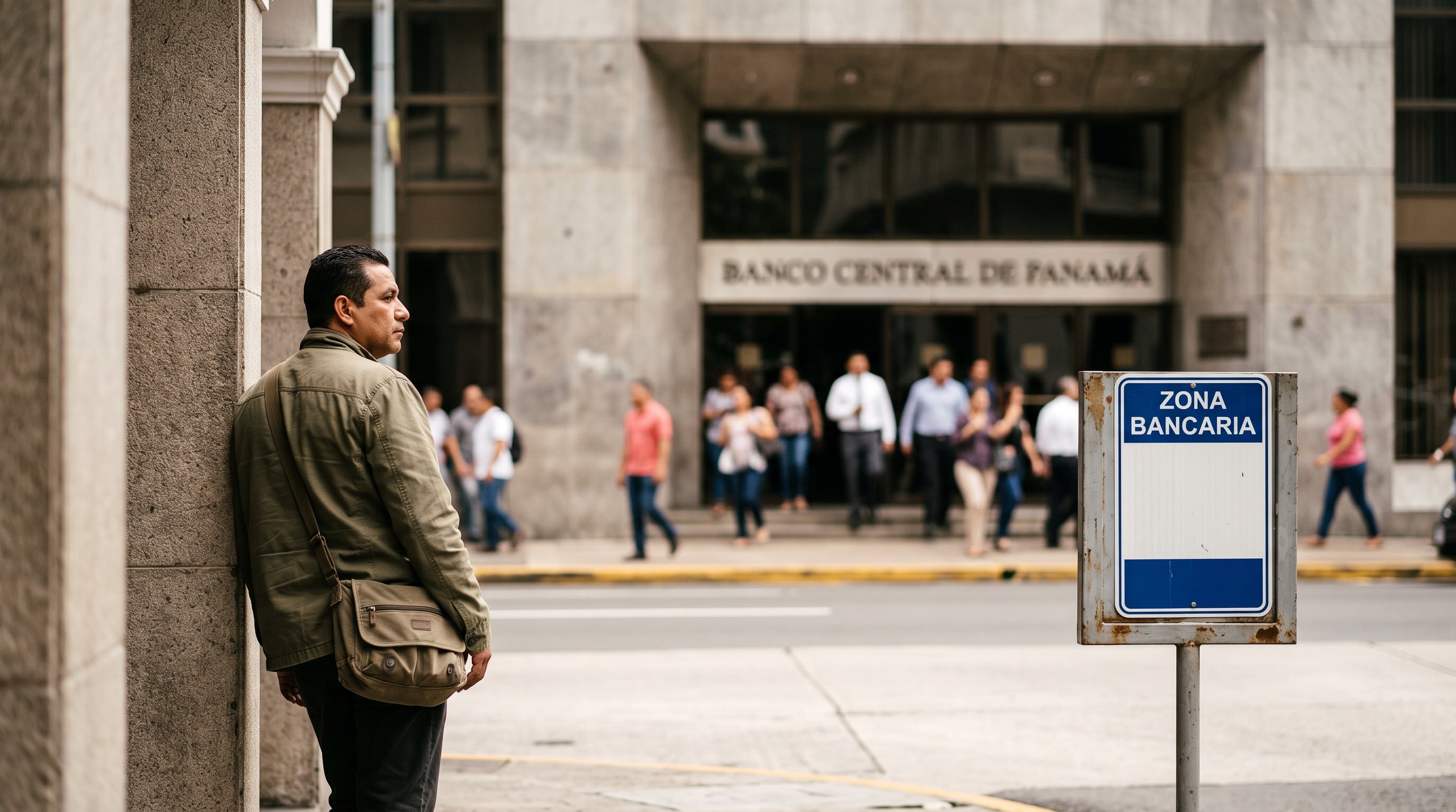 Un hombre observa a las personas que salen de la sede de un banco en Panamá desde la acera de enfrente, junto en un letrero que anuncia la zona bancaria. (Imagen Ilustrativa Infobae)