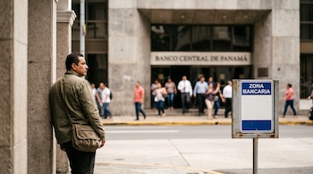 Un hombre apoyado en una columna mira hacia un edificio con el letrero Banco Central de Panamá y una señal de zona bancaria.