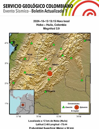 Evento Sísmico - Boletín Actualizado 1, 2024-10-13, 13:15 hora local Magnitud 2.9, Profundidad Superficial (Menor a 30 km), Hobo - Huila, Colombia - crédito Servicio Geológico Colombiano