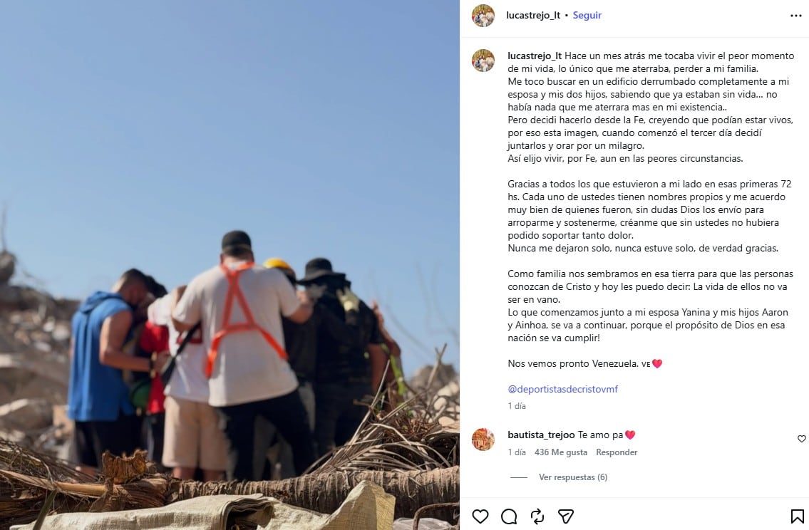 La desgarradora carta con la que Lucas Trejo recordó a su familia a un mes del terremoto en Venezuela