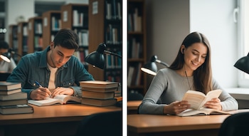 Composición dividida: un joven estudia concentrado en silencio a la izquierda; una joven sonríe leyendo con auriculares a la derecha en una biblioteca.