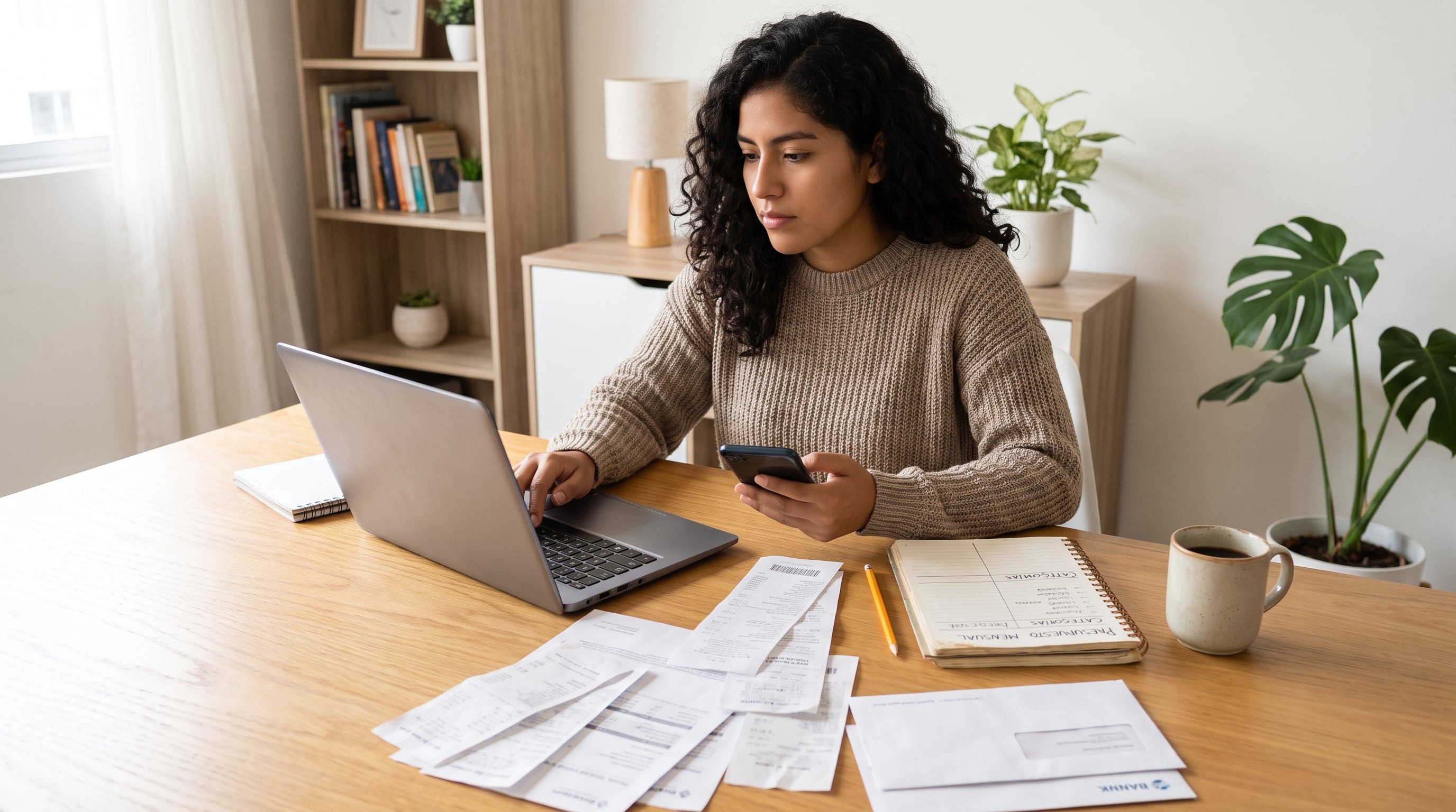 Una joven peruana organiza sus gastos mensuales y clasifica documentos financieros en un entorno doméstico que indica gestión económica. (Imagen Ilustrativa Infobae)