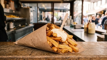 Un cono de papel repleto de patatas fritas con mayonesa y un pequeño tenedor de madera sobre una barra.