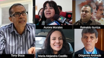 Collage de cinco retratos. Hombre con gafas y camisa de rayas. Mujer con micrófono. Hombre en camisa marrón. Mujer sonriente. Hombre con blazer azul