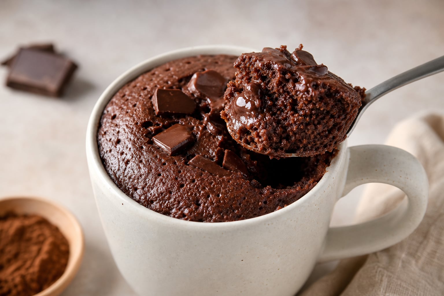 Un bizcocho de brownie alto en proteína reposa en una taza con trozos de chocolate mientras una cuchara levanta una porción. (Imagen Ilustrativa Infobae)