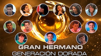 Logotipo dorado en forma de ojo rodeado por trece retratos en círculos con el texto Gran Hermano Generación Dorada en la parte inferior.