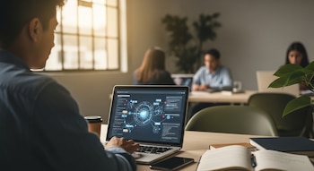 Vista trasera de un hombre con cabello oscuro trabajando en una laptop. En la pantalla, gráficos de IA. Escritorio con libreta, café y teléfono. Oficina coworking de fondo.