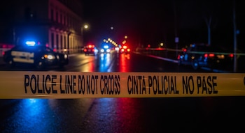 Cinta amarilla con texto "POLICE LINE DO NOT CROSS" y "CINTA POLICIAL NO PASE" en primer plano, vehículos con luces rojas y azules en calle de noche.