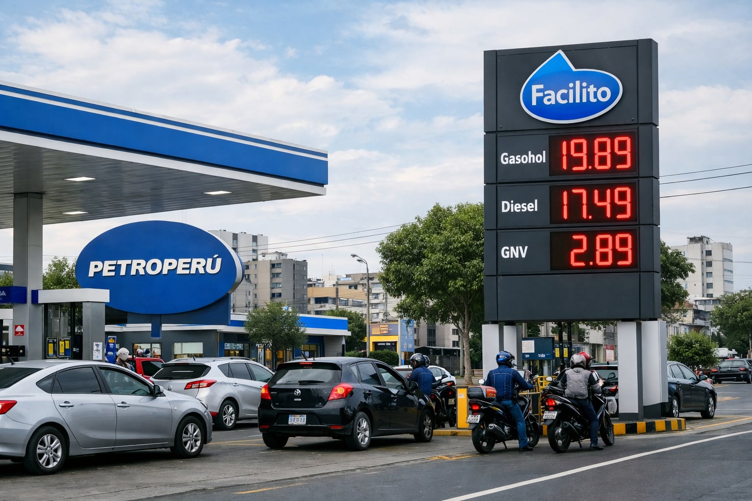 Una estación de servicio Petroperú en Lima muestra precios elevados para gasohol, diésel y GNV, reflejando el impacto económico en la población. (Imagen Ilustrativa Infobae)