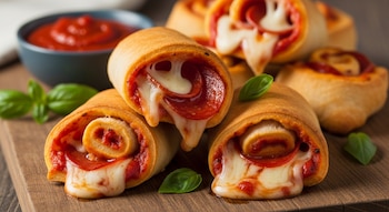 Primer plano de varios rollitos de pizza caseros con queso derretido y pepperoni sobresaliendo. Se ven hojas de albahaca y un tazón de salsa de tomate.