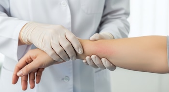 Un dermatólogo con guantes de látex blancos examina de cerca el antebrazo de un paciente, el cual presenta una visible zona de enrojecimiento y piel seca.