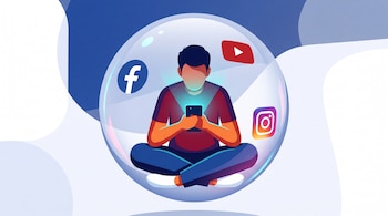 Una persona sentada con las piernas cruzadas mira un teléfono dentro de una esfera con los logotipos de Facebook, YouTube e Instagram.