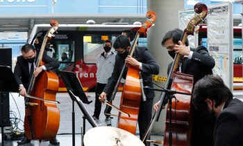 Músicos del cuarteto de contrabajos